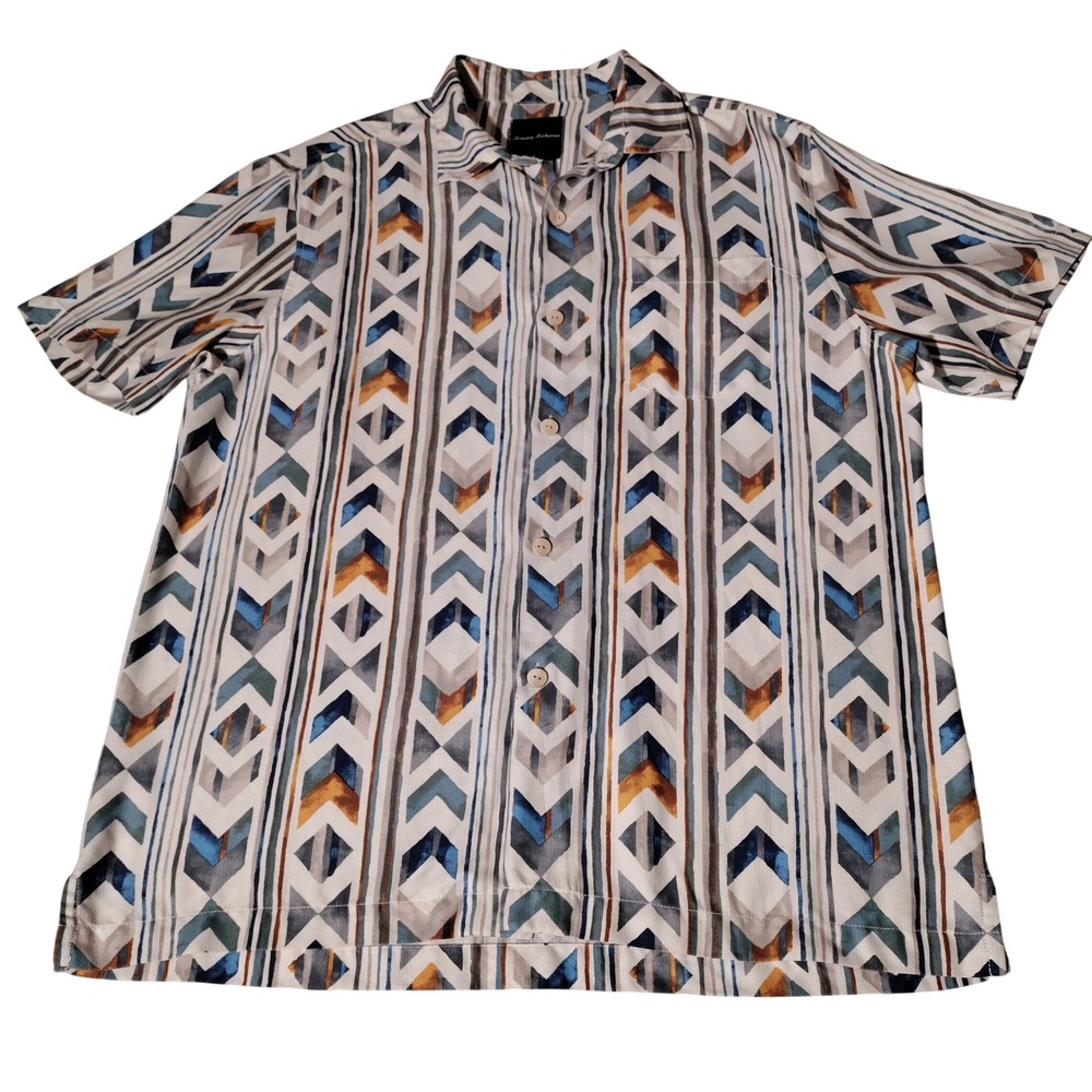 Tommy Bahama Mens Medium Silk Blend Geometric Chevron Stripe Camp Shirt Blue